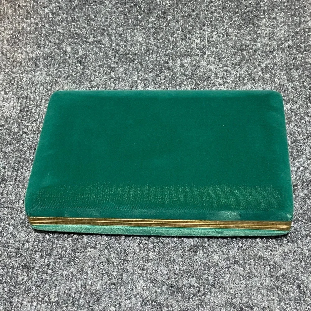 Mele Vintage Emerald Green Velvet Jewelry Case Gold Trim Mirror Travel‎ Box 520